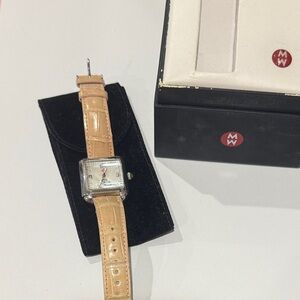 Michele Silver Case Watch with Pink Leather Strap